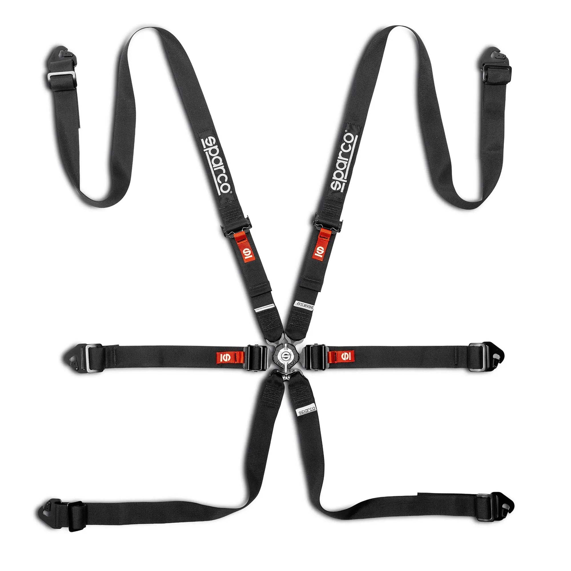 Sparco Comp H-2 6-point endurance racing harness in black, featuring 2-inch lap and shoulder straps, steel adjusters, and aircraft-quality quick-release buckle.