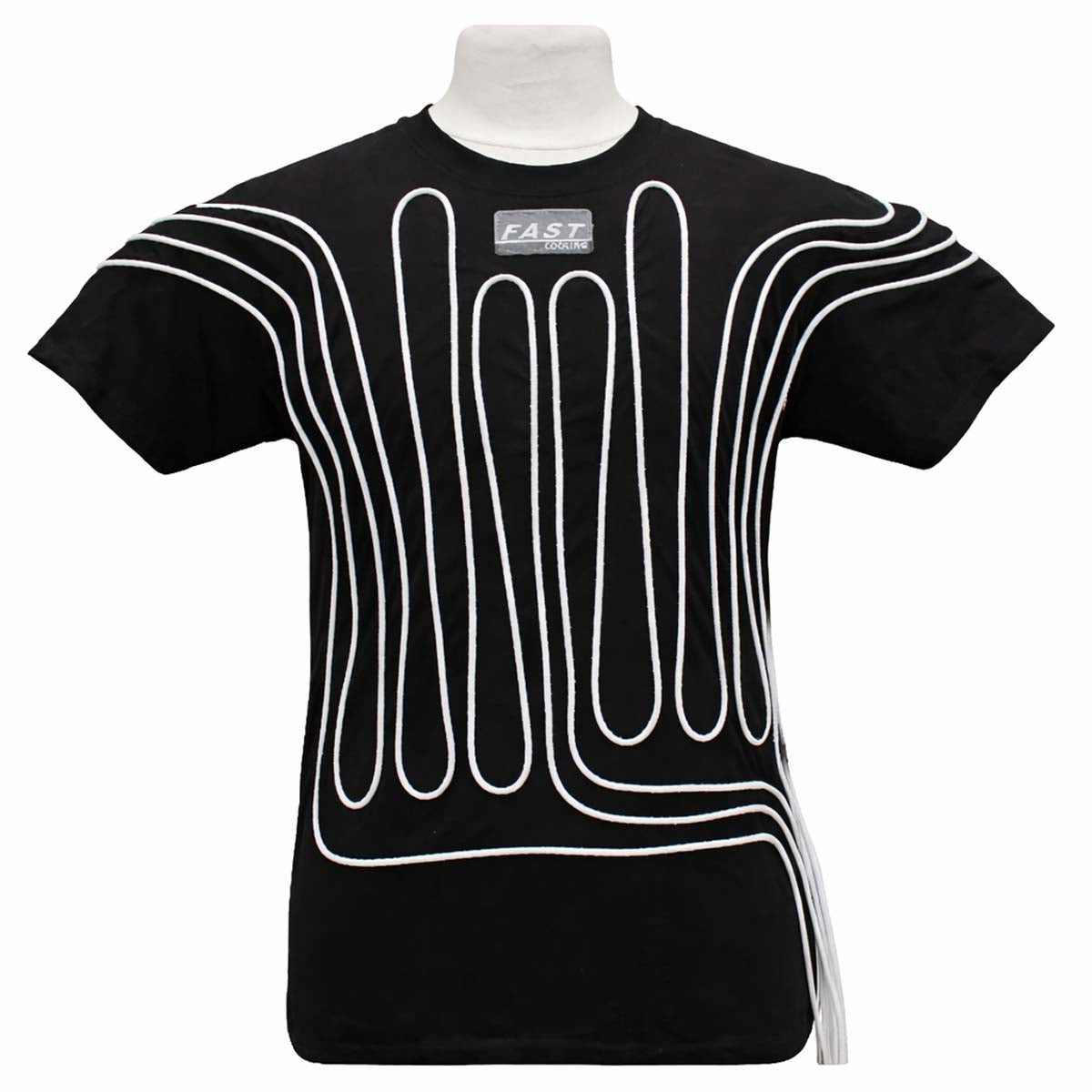 FAST Cooling Cotton Cool Suit Shirt in Black, showing premium grade 100% cotton construction with white capillary tubing sewn across the front for driver cooling.