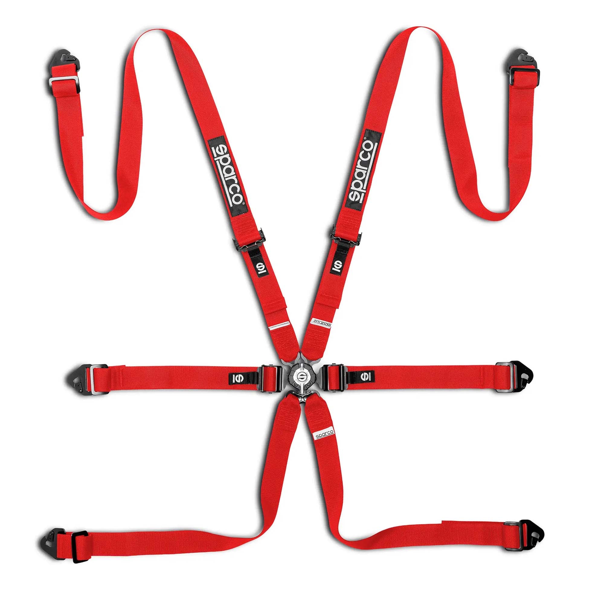 Sparco Comp H-2 6-point endurance racing harness in red, featuring 2-inch lap and shoulder straps, steel adjusters, and aircraft-quality quick-release buckle.