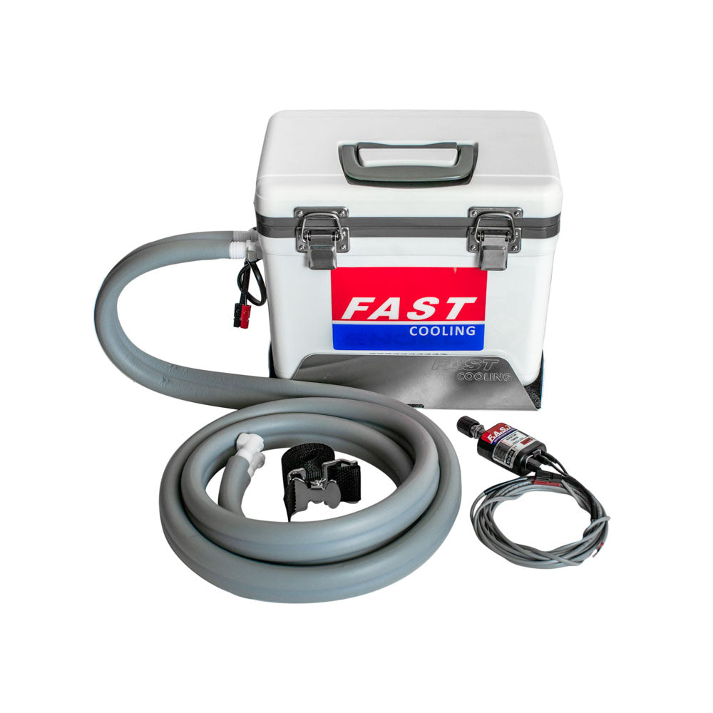 FAST Cooling Complete Driver Cooling System with 13-quart white cooler, aluminum mounting tray, 8ft insulated water hose, and adjustable timer.