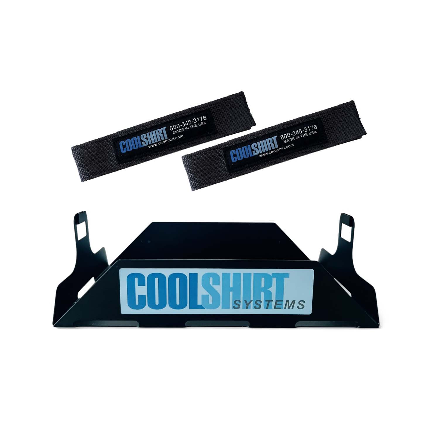 Coolshirt 13qt cooler mounting tray in black powder-coated finish with strap slots