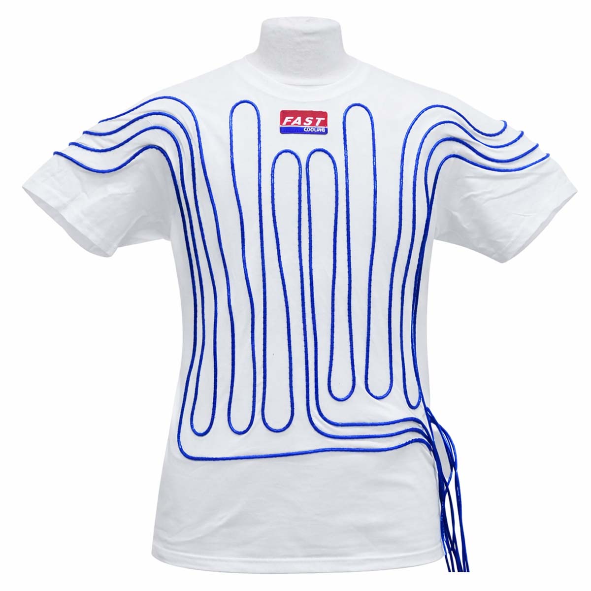 FAST Cooling Cotton Cool Suit Shirt in White, showing premium grade 100% cotton construction with blue capillary tubing sewn across the front for driver cooling.