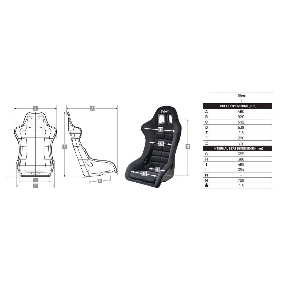 Sabelt GT3 Fiberglass Racing Seat Seat Sizing Chart